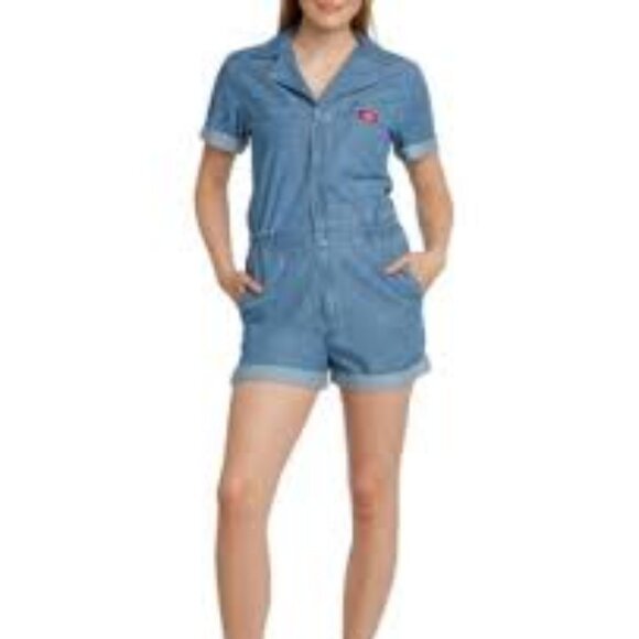 ✅ Dickies Overall Cuffed Denim Shortall Blue Snap Zipper Closure Junior Medium - Picture 1 of 8